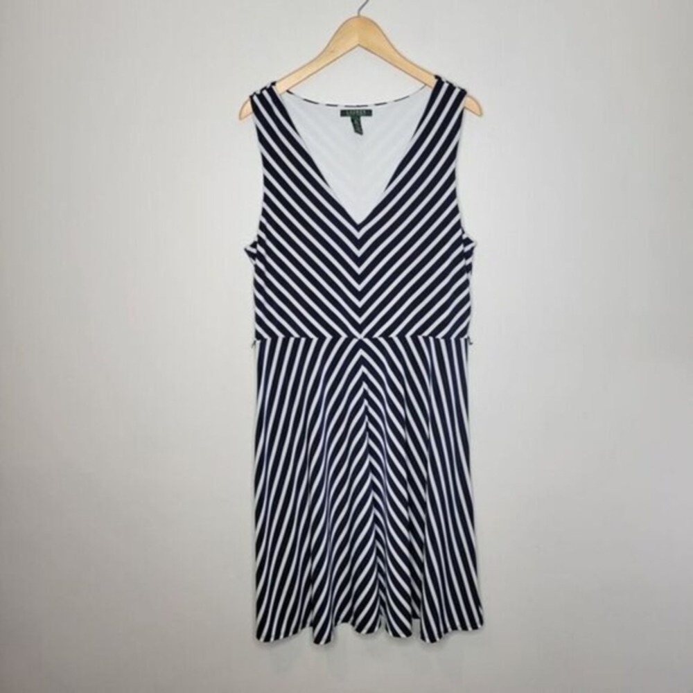 Lauren Ralph Lauren Dress XL Midi Blue White Striped Preppy Nautical V Neck - Picture 1 of 11